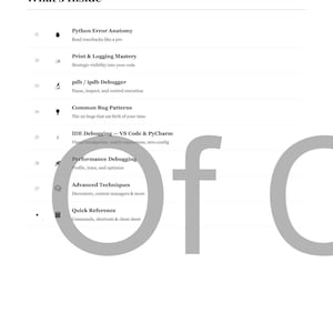 Op de afbeelding: Een witte pagina uit de "Python Debugging Survival Guide" met de titel "What's Inside". De pagina bevat onderwerpen als "Python Error Anatomy", "Print & Logging Mastery" en "Common Bug Patterns". De tekst is in een schone, schreefloze lettertype.