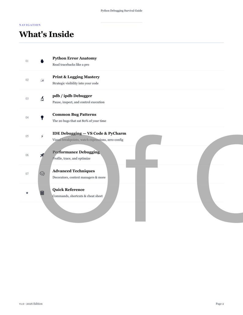 Op de afbeelding: Een witte pagina uit de "Python Debugging Survival Guide" met de titel "What's Inside". De pagina bevat onderwerpen als "Python Error Anatomy", "Print & Logging Mastery" en "Common Bug Patterns". De tekst is in een schone, schreefloze lettertype.