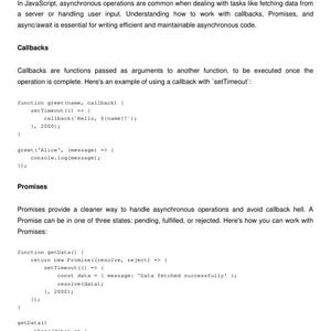 K&ouml;nnte beinhalten: Codebeispiel, das zeigt, wie man Callbacks, Promises und async/await in JavaScript verwendet. Der Code demonstriert, wie man asynchrone Operationen behandelt und Callback-H&ouml;lle vermeidet.