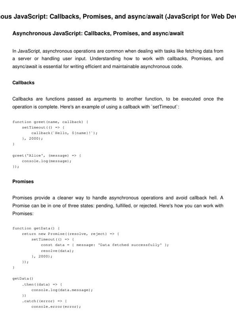 K&ouml;nnte beinhalten: Codebeispiel, das zeigt, wie man Callbacks, Promises und async/await in JavaScript verwendet. Der Code demonstriert, wie man asynchrone Operationen behandelt und Callback-H&ouml;lle vermeidet.