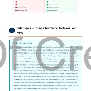 May include: A page from a JavaScript programming guide. It features a comparison of 'let' and 'const', and discusses data types like strings, numbers, and booleans. The text includes the title 'Data Types - Strings, Numbers, Booleans, and More'.