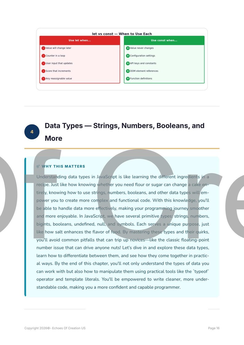 May include: A page from a JavaScript programming guide. It features a comparison of 'let' and 'const', and discusses data types like strings, numbers, and booleans. The text includes the title 'Data Types - Strings, Numbers, Booleans, and More'.