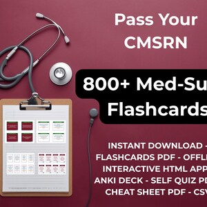 May include: Image features a stethoscope, a clipboard with flashcards, and text that reads "Pass Your CMSRN" and "800+ Med-Surg Flashcards." The background is a deep red color. The image also includes a list of downloadable resources.