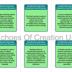 Peut inclure: Six cartes de questions et r&eacute;ponses d'entretien JavaScript, avec des fonds verts et des bordures bleu sarcelle. Les cartes abordent des sujets tels que l'h&eacute;ritage de prototypes, la m&eacute;thode bind et la gestion des erreurs.