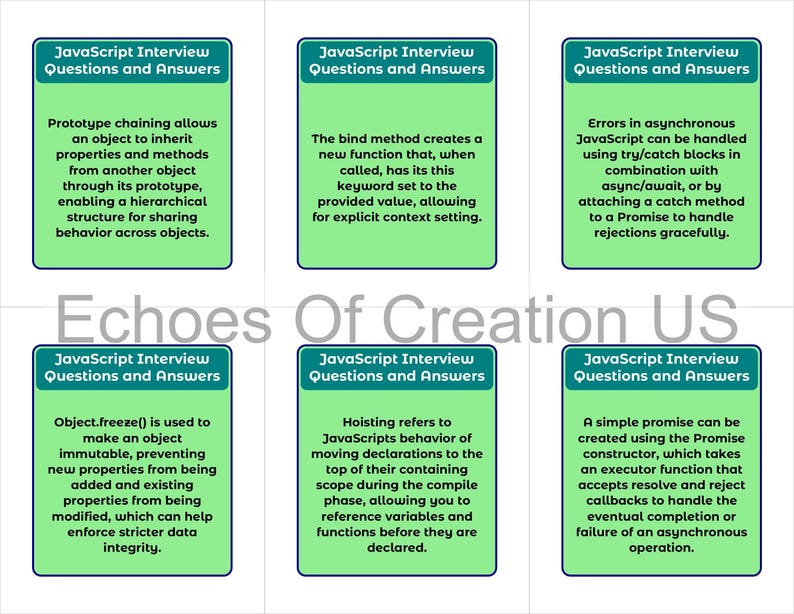Peut inclure: Six cartes de questions et r&eacute;ponses d'entretien JavaScript, avec des fonds verts et des bordures bleu sarcelle. Les cartes abordent des sujets tels que l'h&eacute;ritage de prototypes, la m&eacute;thode bind et la gestion des erreurs.