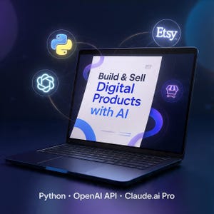 May include: A dark laptop displays the text "Build & Sell Digital Products with AI." Surrounding the laptop are icons for Etsy, Python, and OpenAI. The bottom of the image lists "Python • OpenAI API • Claude.ai Pro."