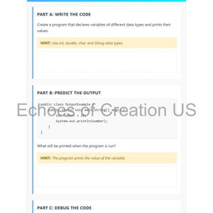 May include: A white document with the title "Exercise 1: Understanding Variables and Data Types" and the word "Beginner" in a green box. The document contains code examples and instructions for writing and debugging code.