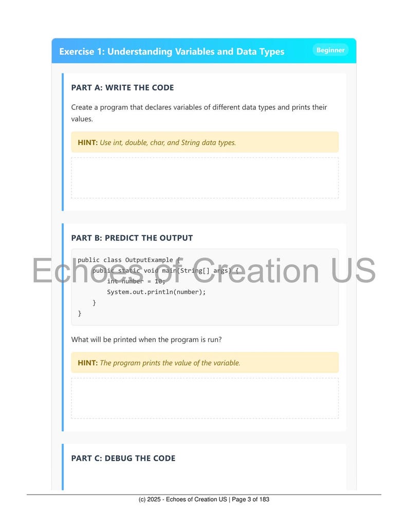 May include: A white document with the title "Exercise 1: Understanding Variables and Data Types" and the word "Beginner" in a green box. The document contains code examples and instructions for writing and debugging code.