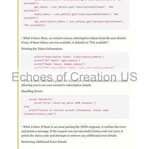 Op de afbeelding: Een pagina uit een document met codefragmenten op een lichte achtergrond. De tekst bevat "subscription tokens", "Handling Errors" en "Retrieving Additional Error Details". Het document is van "Echoes of Creation US".