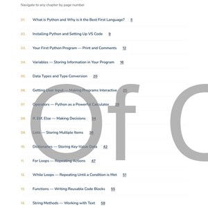 May include: A page from a Python programming guide titled "Table of Contents." The page lists chapter titles with corresponding page numbers. The text includes topics like "Variables," "Data Types," and "For Loops." The page is white with black text.