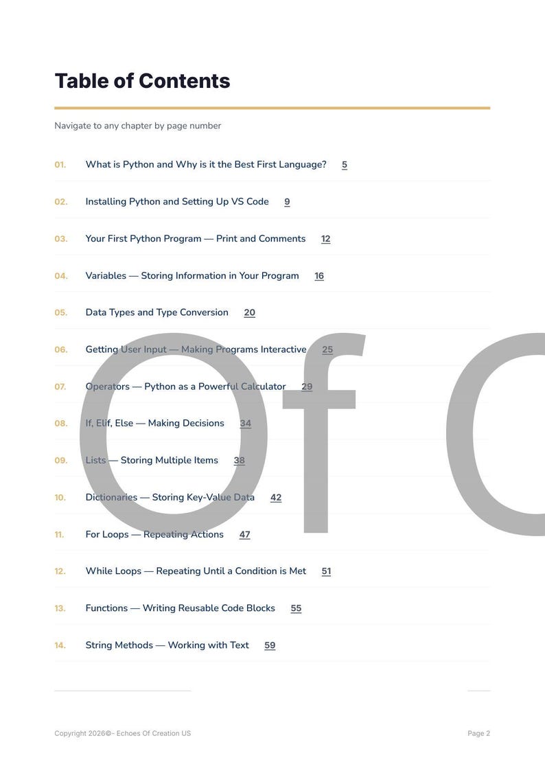May include: A page from a Python programming guide titled "Table of Contents." The page lists chapter titles with corresponding page numbers. The text includes topics like "Variables," "Data Types," and "For Loops." The page is white with black text.