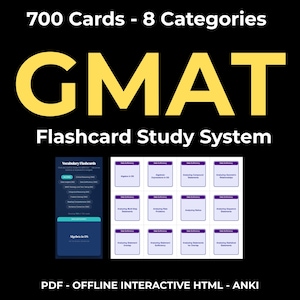 May include: A black graphic with the text "700 Cards - 8 Categories GMAT Flashcard Study System". The image includes flashcards with study topics like Algebra in DS and Analyzing Compound Statements.