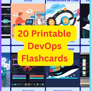 Könnte beinhalten: Ein digitales Grafik mit dem Text "20 druckbare DevOps-Karteikarten" in einem gelben Rechteck. Das Bild enthält Illustrationen zu CI/CD, Docker und Kubernetes, mit dem Text "Learn CI/CD, Docker, Kubernetes, Agile & More | PDF Download."