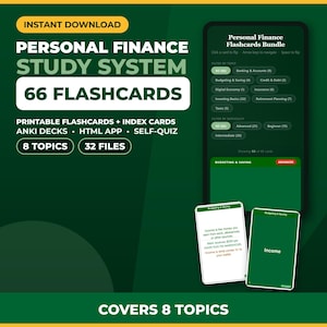 Op de afbeelding: Een digitaal studiesysteem voor persoonlijke financiën met 66 flashcards, inclusief printbare kaarten, Anki-decks en een HTML-app. De interface toont 8 onderwerpen, 32 bestanden en filteropties voor bankieren en budgetteren.
