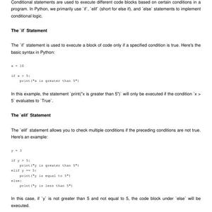 May include: A screenshot of a computer screen showing a text-based tutorial on conditional statements in Python. The tutorial explains the use of 'if', 'elif', and 'else' statements in programming.