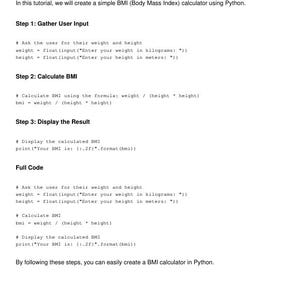 Peut inclure: Un tutoriel sur la fa&ccedil;on de construire un calculateur d'indice de masse corporelle (IMC) en utilisant Python. Le code est divis&eacute; en trois &eacute;tapes&nbsp;: recueillir les donn&eacute;es de l'utilisateur, calculer l'IMC et afficher le r&eacute;sultat. Le code complet est &eacute;galement fourni.