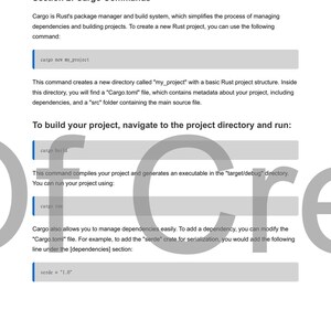 May include: A page from a guide on Cargo commands in Rust. The text includes commands like "cargo new my_project", "cargo build", and "cargo run". The document explains how to manage dependencies and build projects.