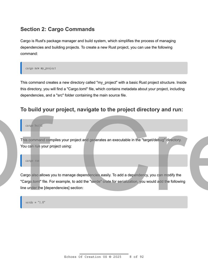 May include: A page from a guide on Cargo commands in Rust. The text includes commands like "cargo new my_project", "cargo build", and "cargo run". The document explains how to manage dependencies and build projects.