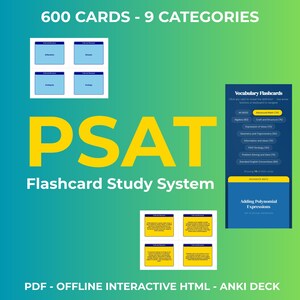 PSAT Flashcard Study System | 600 Cards | 9 Categories | Anki Decks Normal Cloze | 8 Pdf Layouts Color Print | PSAT NMSQT Exam Prep