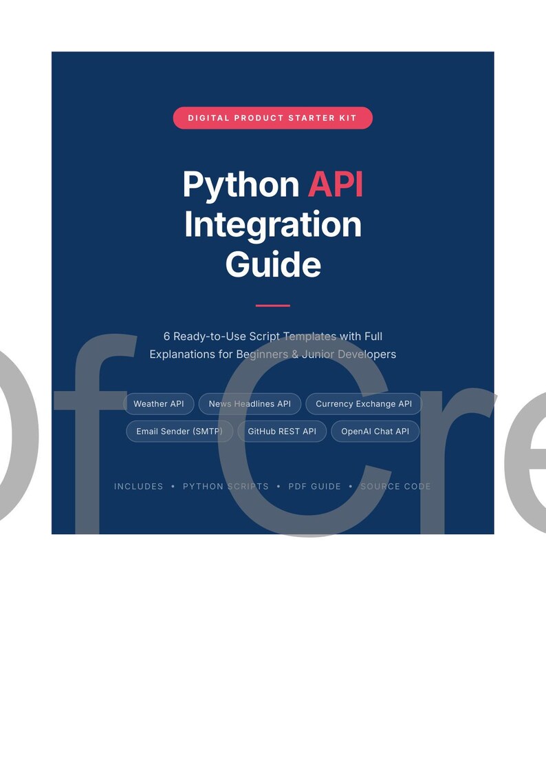 May include: A dark blue digital product guide titled "Python API Integration Guide." The guide includes 6 script templates with explanations for beginners and junior developers. It lists Weather API, News Headlines API, and other API options.