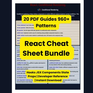 Paquete de hojas de referencia rápida de React / 20 guías en PDF / Más de 960 patrones / Hooks / Componentes JSX / Propiedades de estado / Referencia para desarrolladores