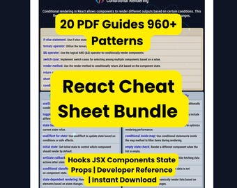 React Cheat Sheet Bundle | 20 PDF Guides 960+ Patterns | Hooks JSX Components State Props | Developer Reference