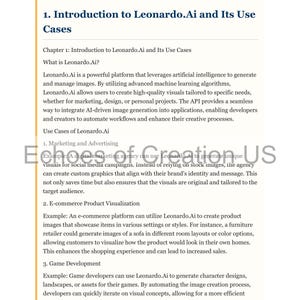 Op de afbeelding: Een pagina uit een document getiteld "Inleiding tot Leonardo.Ai en zijn use cases". De tekst beschrijft Leonardo.Ai als een platform dat AI gebruikt om afbeeldingen te genereren en te beheren voor marketing, e-commerce en game-ontwikkeling. De pagina is wit met zwarte tekst.