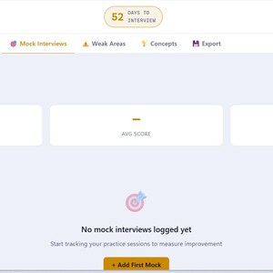 May include: Screenshot of the PyTrack interview prep tracker dashboard. The interface is white and light purple, with sections for mock interviews, scores, and a progress indicator. The text reads "Mock Interviews" and "52 Days to Interview."