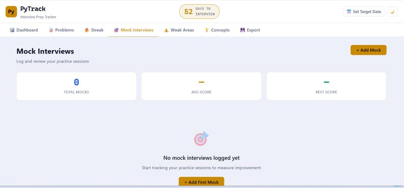May include: Screenshot of the PyTrack interview prep tracker dashboard. The interface is white and light purple, with sections for mock interviews, scores, and a progress indicator. The text reads "Mock Interviews" and "52 Days to Interview."