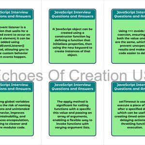 Peut inclure: Six cartes avec des questions et r&eacute;ponses d'entretien JavaScript. Chaque carte a une bordure turquoise et un fond vert clair. Les cartes couvrent des sujets tels que les &eacute;couteurs d'&eacute;v&eacute;nements, les objets JavaScript et la m&eacute;thode apply.