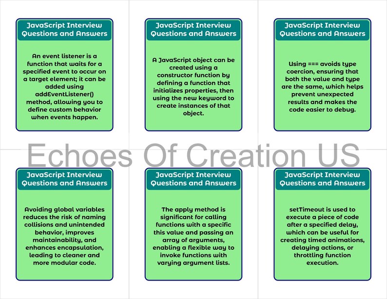 Peut inclure: Six cartes avec des questions et r&eacute;ponses d'entretien JavaScript. Chaque carte a une bordure turquoise et un fond vert clair. Les cartes couvrent des sujets tels que les &eacute;couteurs d'&eacute;v&eacute;nements, les objets JavaScript et la m&eacute;thode apply.