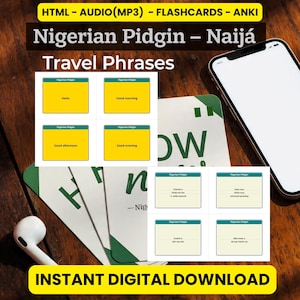 Zestaw zwrotów podróżniczych w języku pidgin nigeryjskim | Nauka języka Naijá (HTML, MP3, PDF, Anki)