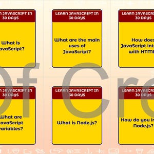 Może przedstawiać: Sześć ż&oacute;łtych fiszek z czerwonymi obramowaniami i tekstem "LEARN JAVASCRIPT IN 30 DAYS". Każda karta zadaje pytanie dotyczące JavaScript, w tym "What is JavaScript?" i "What is Node.js?"