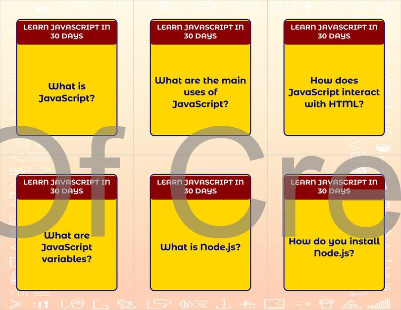 Może przedstawiać: Sześć ż&oacute;łtych fiszek z czerwonymi obramowaniami i tekstem "LEARN JAVASCRIPT IN 30 DAYS". Każda karta zadaje pytanie dotyczące JavaScript, w tym "What is JavaScript?" i "What is Node.js?"