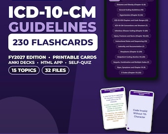 ICD-10-CM Guidelines Flashcards FY2027: 230 Cards, Printable PDFs, Anki, HTML App