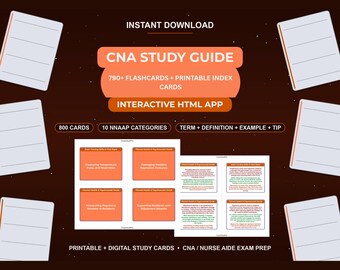 CNA Study Guide 790+ Flashcards Printable Index Cards Interactive HTML Nurse Aide Exam Prep Digital Download
