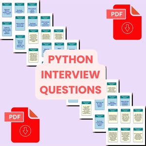 Puede incluir: Tarjetas didácticas para preguntas de entrevista de Python. Las tarjetas están dispuestas en pilas y presentan texto sobre un fondo azul claro. Las palabras "Python Interview Questions" se muestran de forma destacada. También se ven dos iconos PDF rojos y el texto "4 Print Sizes".