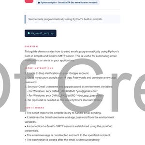May include: A webpage screenshot detailing how to send emails programmatically using Python's built-in smtplib and Gmail's SMTP server. The guide includes setup instructions and how it works, with the title "Email Sender (SMTP)".