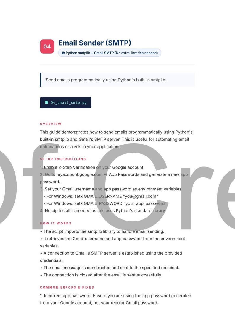 May include: A webpage screenshot detailing how to send emails programmatically using Python's built-in smtplib and Gmail's SMTP server. The guide includes setup instructions and how it works, with the title "Email Sender (SMTP)".