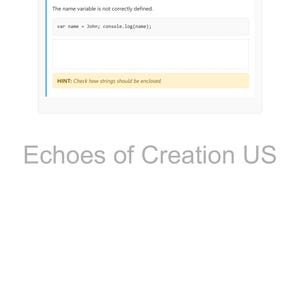 Op de afbeelding: Een witte webpagina toont instructies voor het debuggen van code. De tekst luidt "PART C: DEBUG THE CODE" en bevat een codefragment met een hint om string-insluitingen te controleren. De pagina is gebrandmerkt met "Echoes of Creation US".