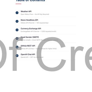 May include: A white page with a blue header that reads "Table of Contents." The content lists various APIs, including Weather, News Headlines, Currency Exchange, Email Sender, GitHub REST, and OpenAI Chat.