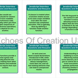 Peut inclure: Six cartes vertes avec du texte blanc, intitul&eacute;es "JavaScript Interview Questions and Answers". Chaque carte pr&eacute;sente des explications concises sur les concepts JavaScript, notamment async/await, les fermetures et le mot-cl&eacute; 'this'.