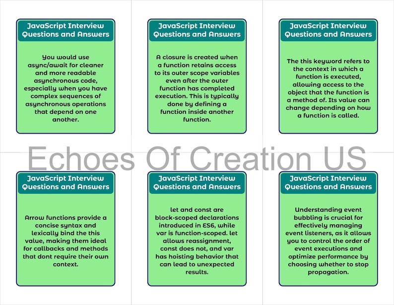 Peut inclure: Six cartes vertes avec du texte blanc, intitul&eacute;es "JavaScript Interview Questions and Answers". Chaque carte pr&eacute;sente des explications concises sur les concepts JavaScript, notamment async/await, les fermetures et le mot-cl&eacute; 'this'.