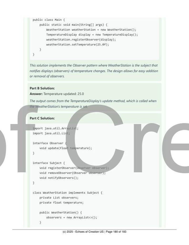 May include: A page from a textbook with Java code examples. The text includes code snippets for a WeatherStation class, Observer pattern implementation, and solutions to programming problems. The page is from "Echoes of Creation US", page 180 of 183.