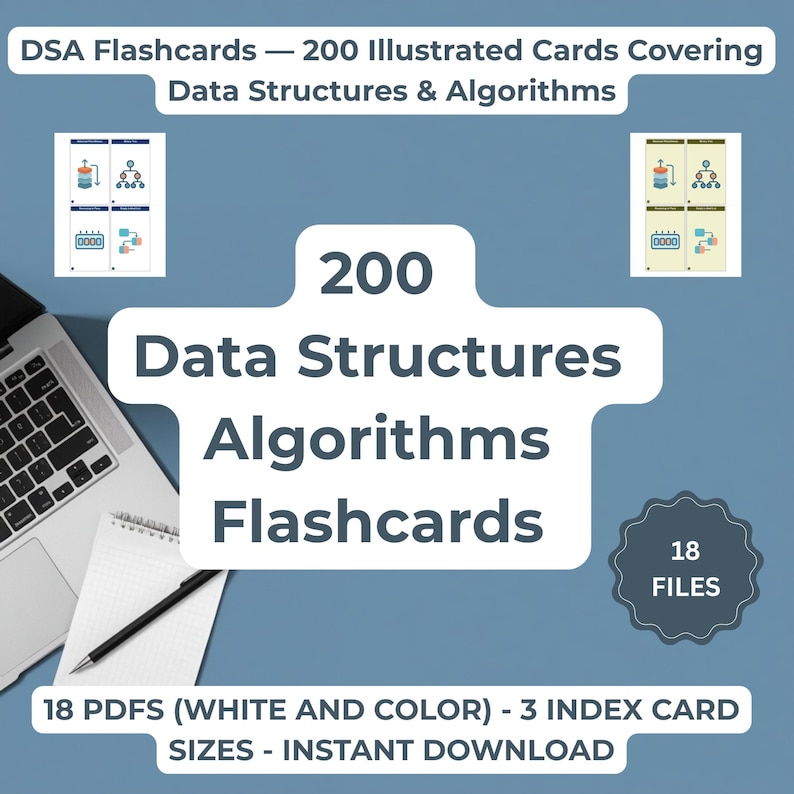 Data Structures Algorithms Flashcards 200 Illustrated Cards DSA Coding Interview Prep Printable Index Card Size Digital Download image 1