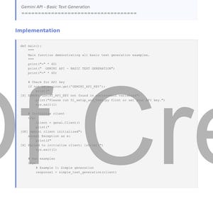 May include: A white page with the title "02. Basic Text Generation" and code snippets. The text includes "Gemini API - Basic Text Generation" and Python code with comments and error messages. The code demonstrates text generation examples.
