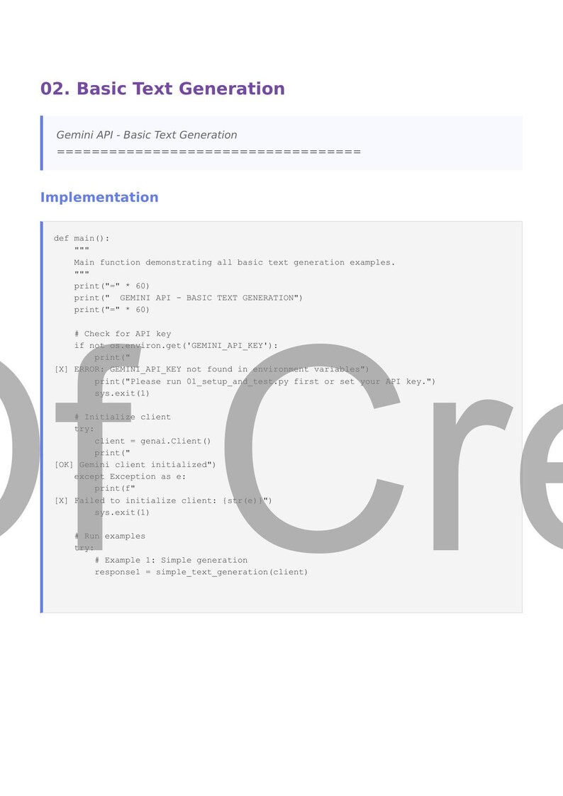 May include: A white page with the title "02. Basic Text Generation" and code snippets. The text includes "Gemini API - Basic Text Generation" and Python code with comments and error messages. The code demonstrates text generation examples.