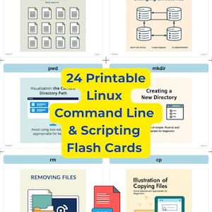 Può includere: Un set di 24 flashcard stampabili per la riga di comando e lo scripting Linux. Le schede presentano diagrammi e illustrazioni per principianti, che coprono argomenti come l'elenco dei contenuti della directory e la rimozione di file. È visibile anche un'icona PDF.