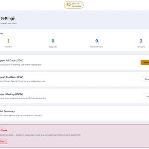 May include: Screenshot of a software interface titled "Export & Settings." The interface displays data summaries, export options for JSON and CSV files, and an import backup feature. A warning section is also visible.