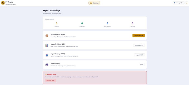 May include: Screenshot of a software interface titled "Export & Settings." The interface displays data summaries, export options for JSON and CSV files, and an import backup feature. A warning section is also visible.